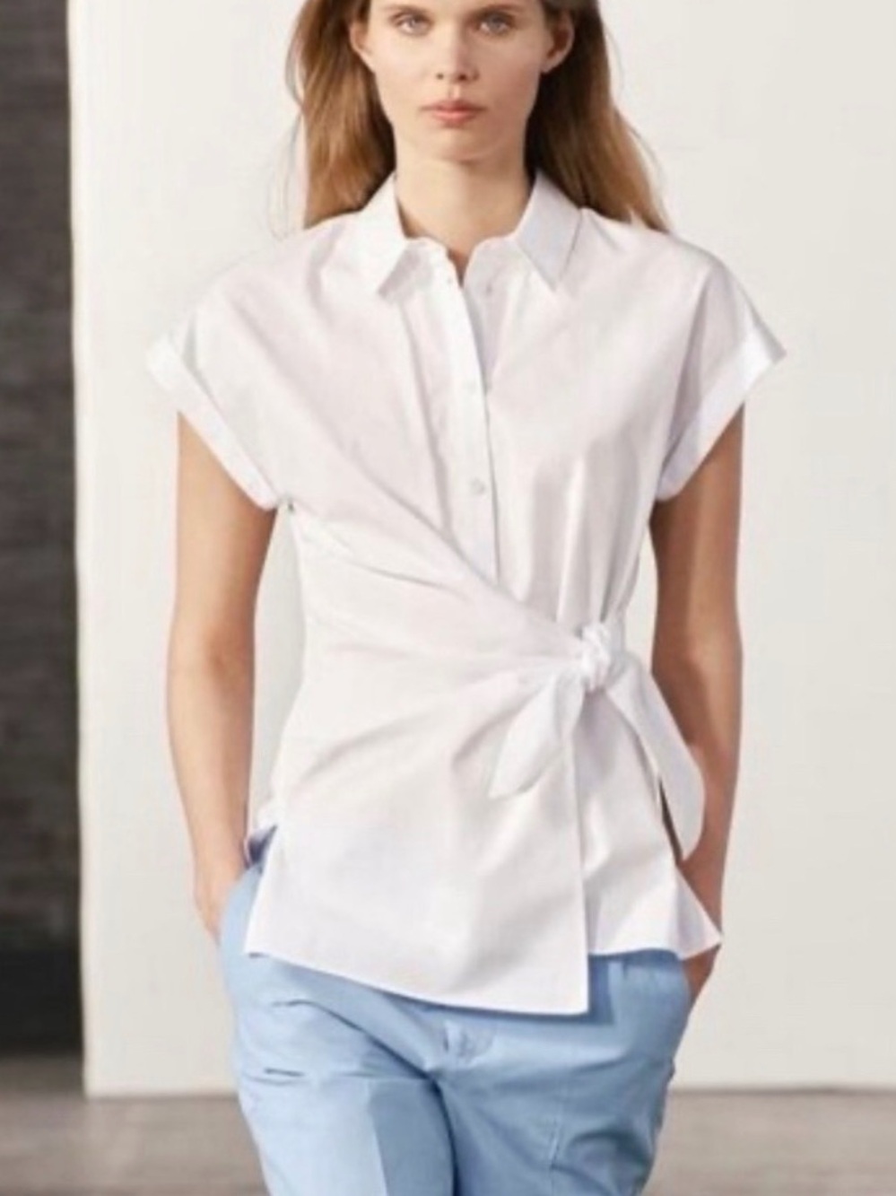 Zara White Short-Sleeve Button Assymetrical Tie-Waist Shirt